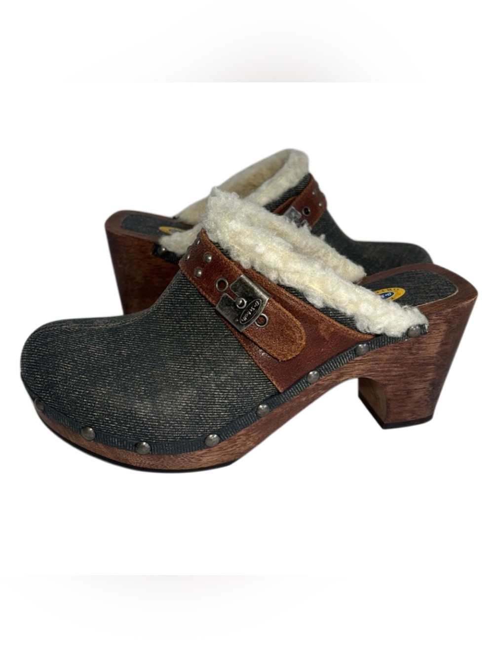 🆕 Dr. Scholl's Denim Studded Fleece Trimmed Wood Clog